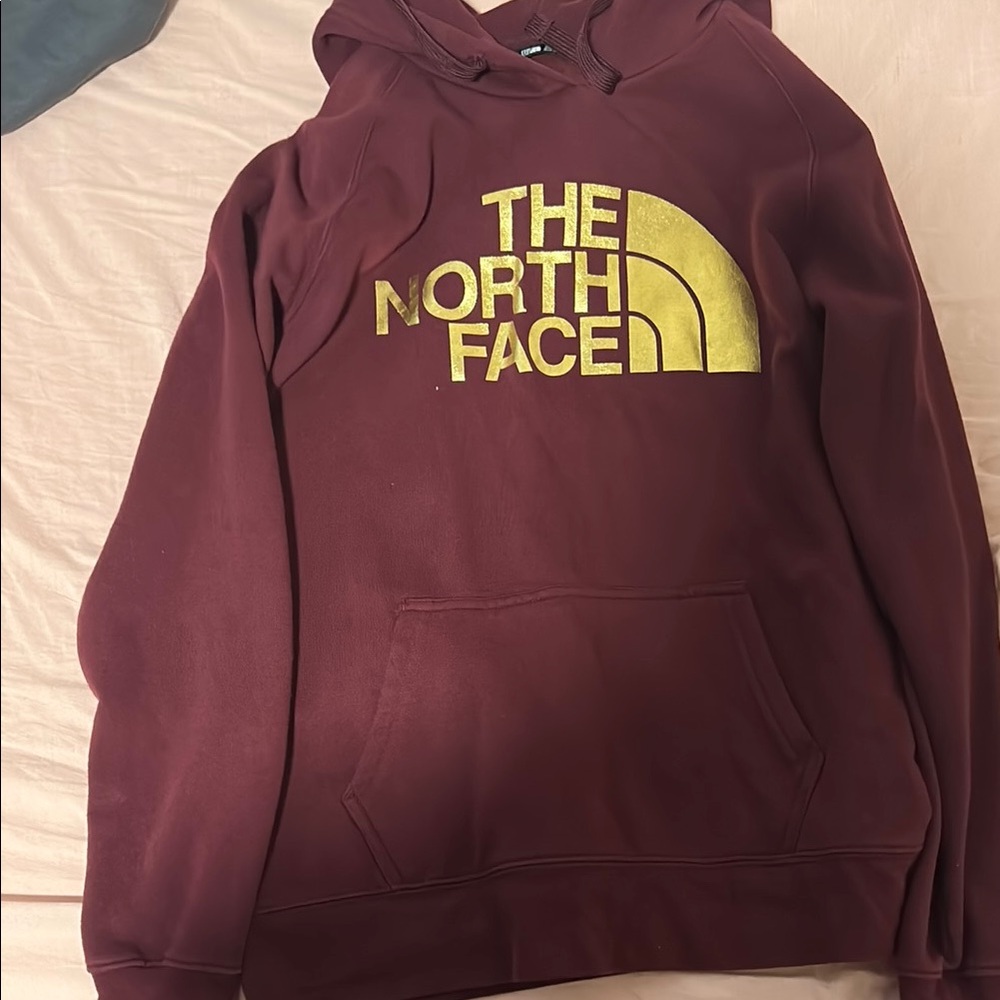 The North Face Maroon Hoodie with Gold Logo